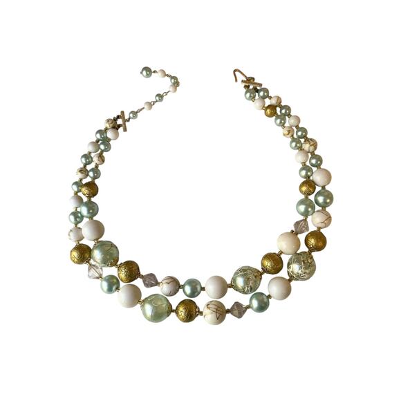 1960s Japan Double Strand Light Blue White Gold Round Beads Adjustable Necklace - Picture 3 of 5